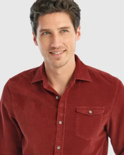 Johnnie-O Kodiak Hangin' Out Corduroy Shirt: Malibu Red -Clothing Store JMWL7380 KODIAK MENS Woven MalibuRed 22FA Front MOD 2198 CROP 800x 73173.1665519203