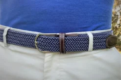 Roostas The Ponte Vedra Two Toned Woven Elastic Stretch Belt - Navy Blue/White -Clothing Store Lifestyle 1 Touched 76815.1610402053 65475.1635519733