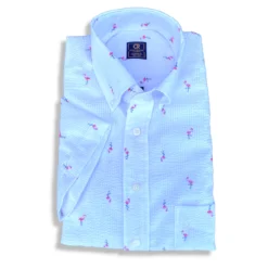 Craig Reagin Flamingo Print Short Sleeve Button Down Seersucker Shirt: White