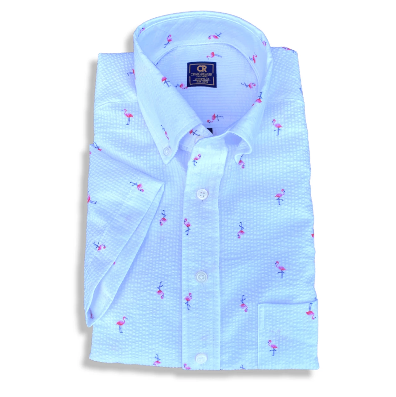 Craig Reagin Flamingo Print Short Sleeve Button Down Seersucker Shirt: White 1 Craig Reagin Flamingo Print Short Sleeve Button Down Seersucker Shirt: White
