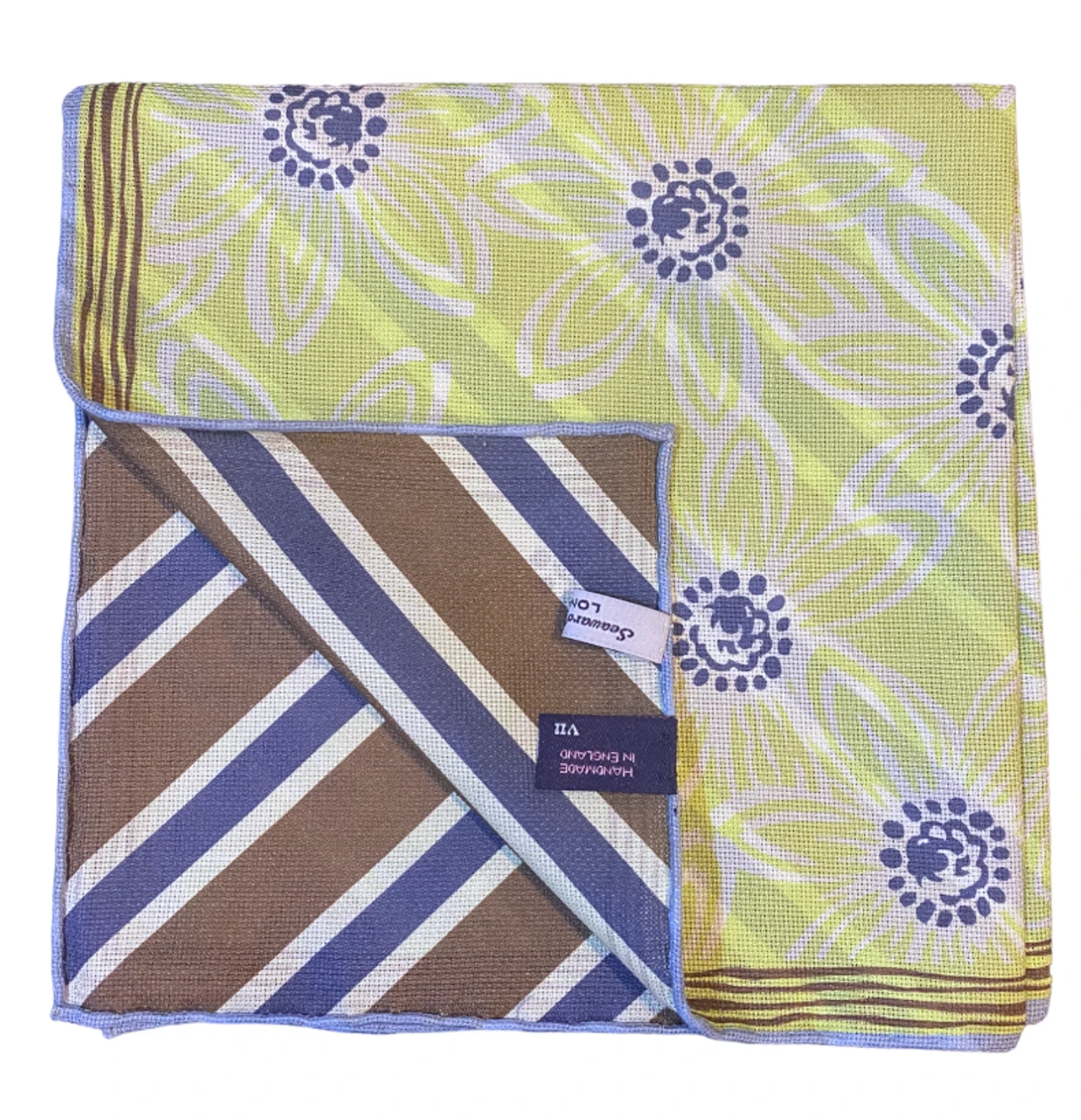 Seaward & Stearn Green Flower W/ Blue Border Pocket Square 1 Seaward & Stearn Green Flower W/ Blue Border Pocket Square