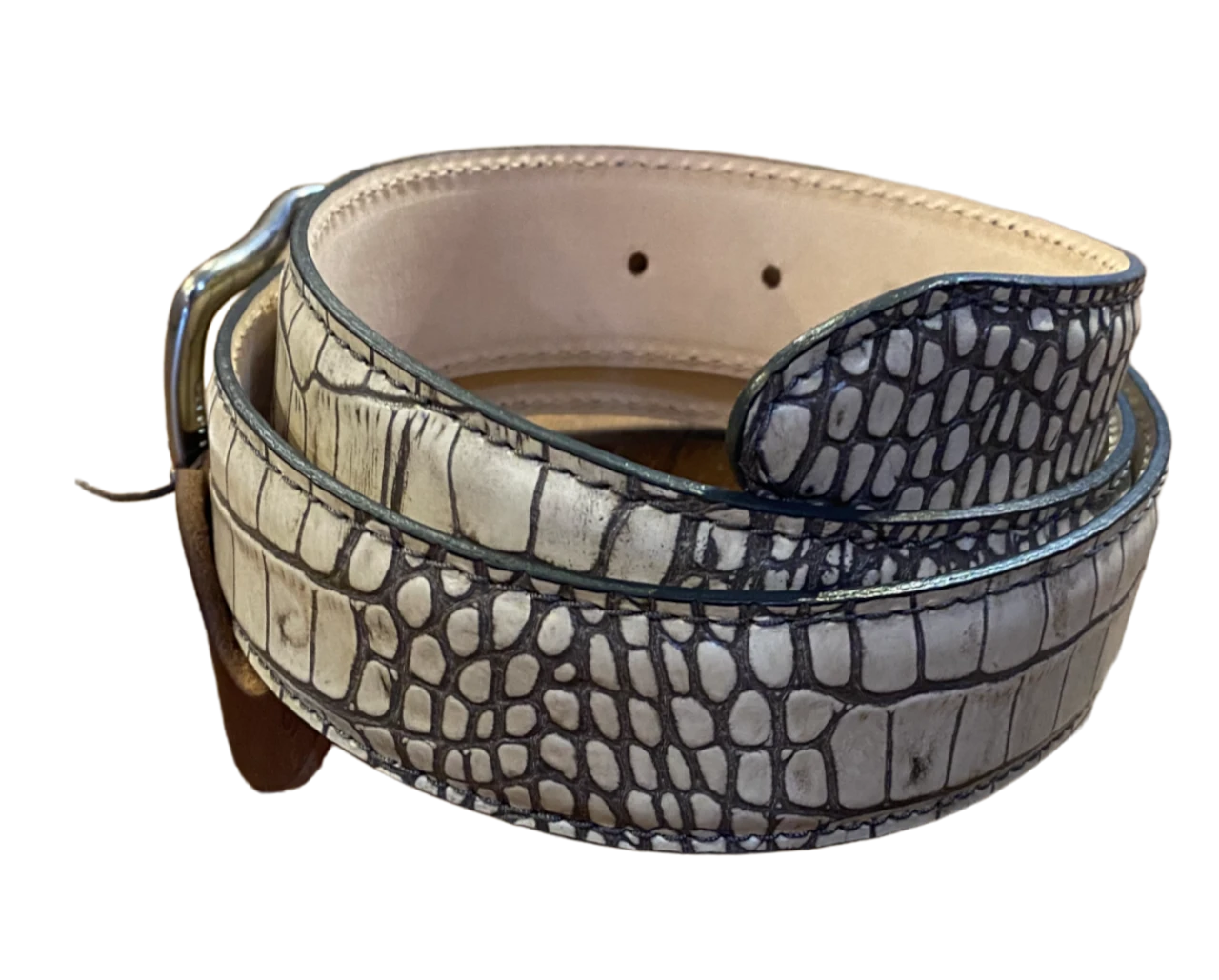 T.B. Phelps Travis Moc Croc Belt: Ivory/Grey Edge 1 T.B. Phelps Travis Moc Croc Belt: Ivory/Grey Edge