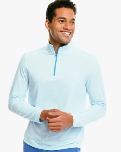 Southern Tide Cruiser Heather Micro Striped Performance Quarter Zip Pullover: Heather Aquamarine