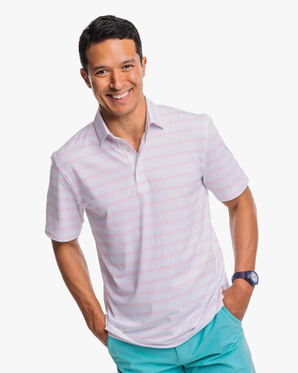 Southern Tide Driver Best Ball Print Performance Polo Shirt: Classic White 1 Southern Tide Driver Best Ball Print Performance Polo Shirt: Classic White