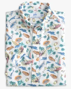 Southern Tide Poolside Print Intercoastal Short Sleeve Button Down Shirt: Classic White